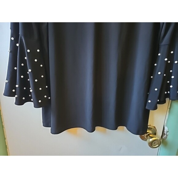 Sue Levine Black Blouse Shirt Pearls Sleeves Tie Back Women's Size Large Elegant - Picture 6 of 10